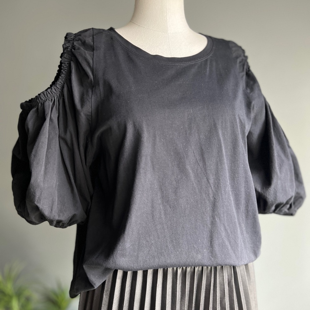 Zara Black Top Blouse with Balloon Sleeves and Cut Outs Size Large